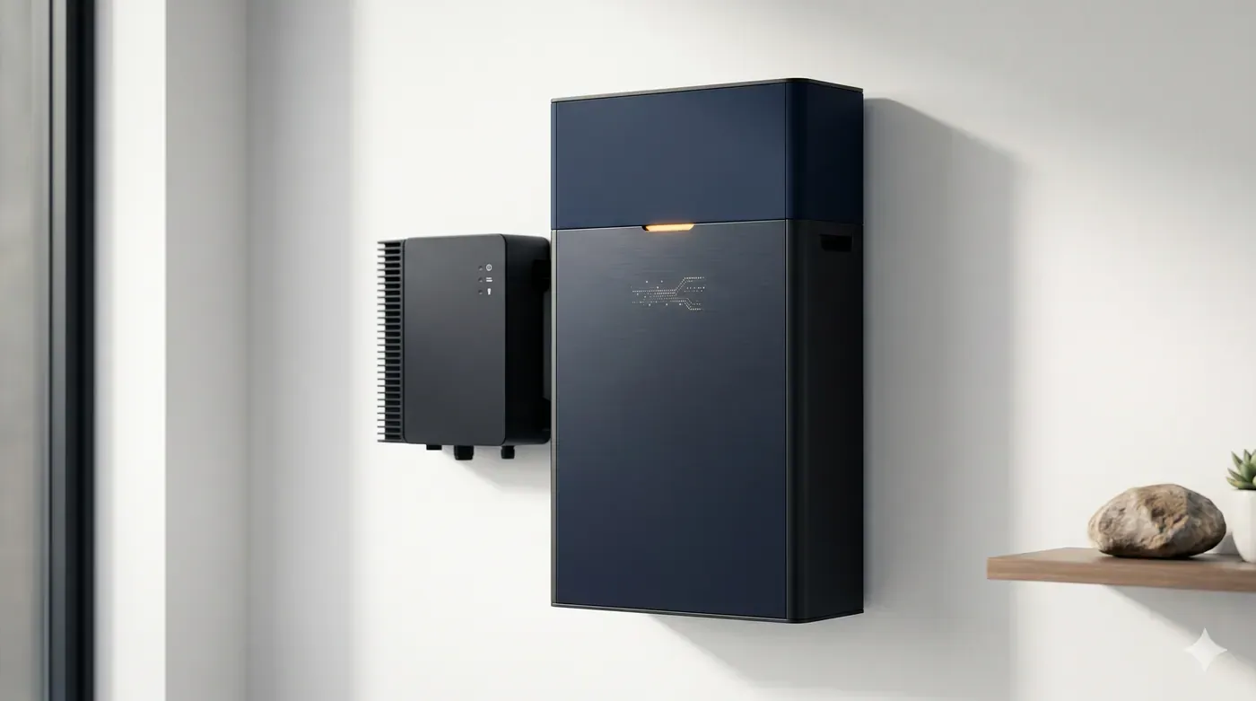 Modernt batterilager monterat på vägg