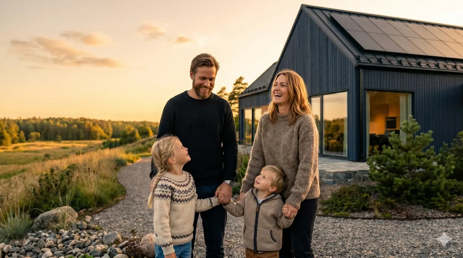 Familj framför sitt hem med solceller