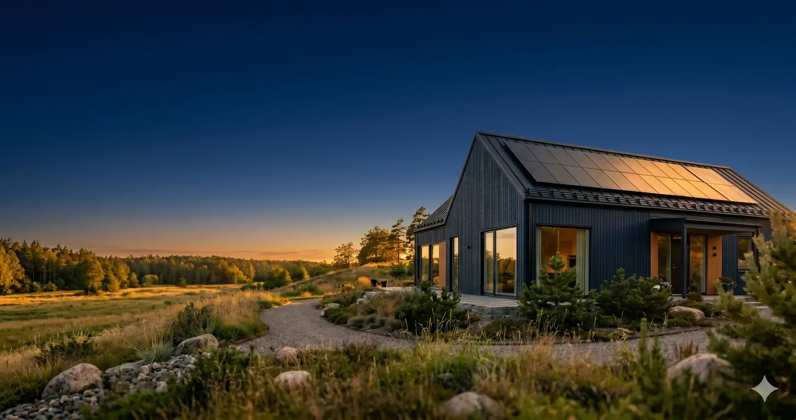Svensk villa med solceller i kvällsljus